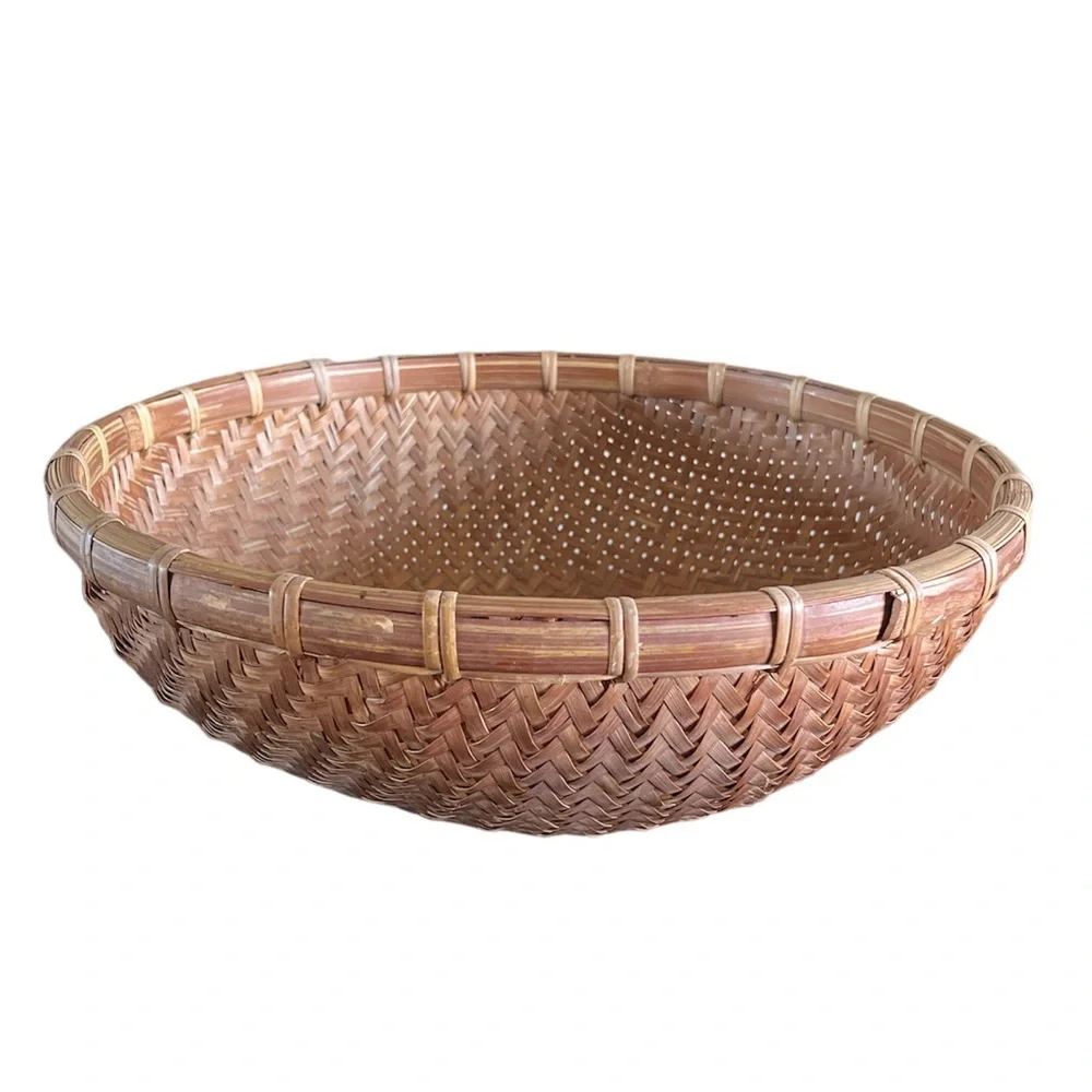 Vintage Rare Bamboo Round Woven Basket 16”